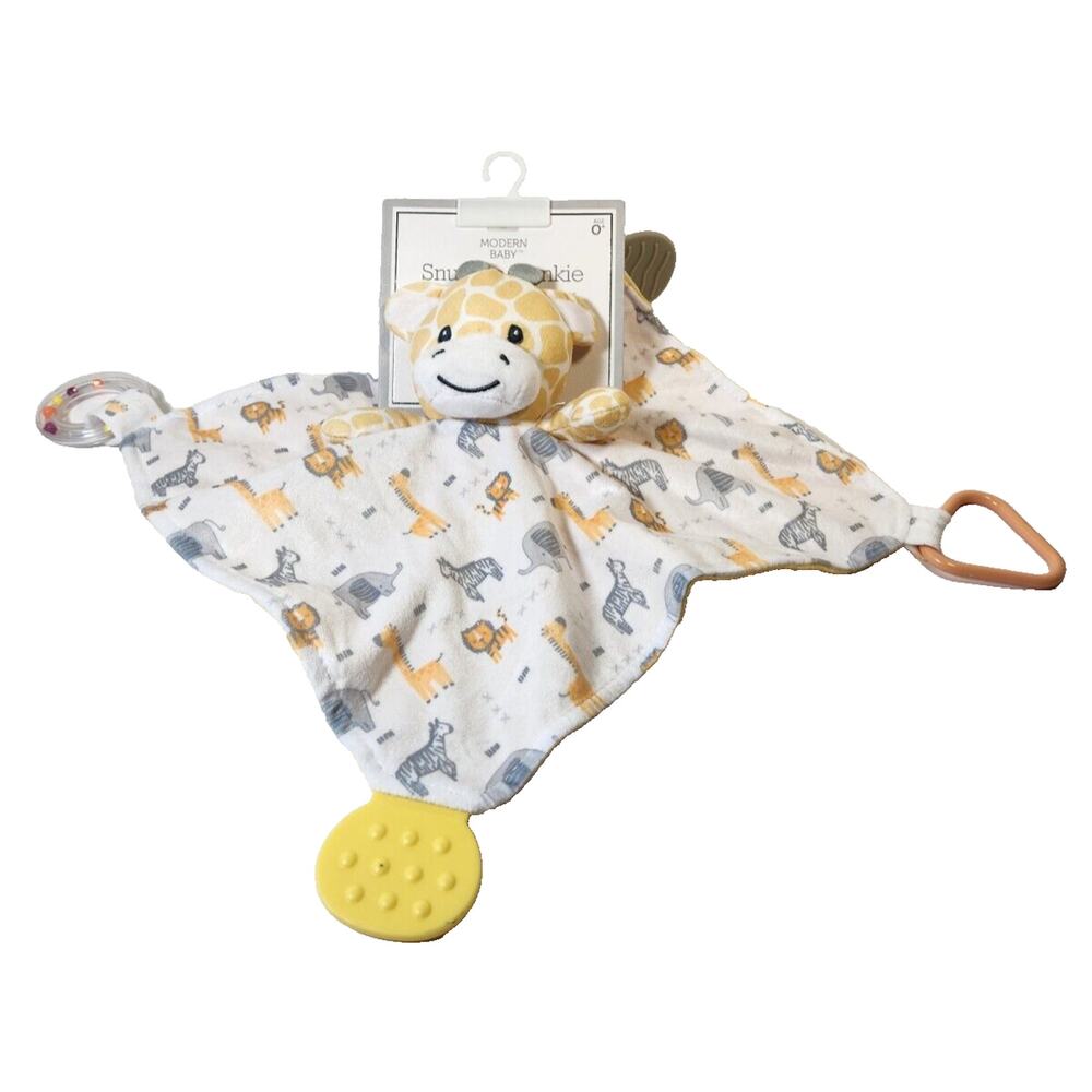 Modern Baby Giraffe Lovey Snuggle Blankie Yellow White Plush Teethers 12x12